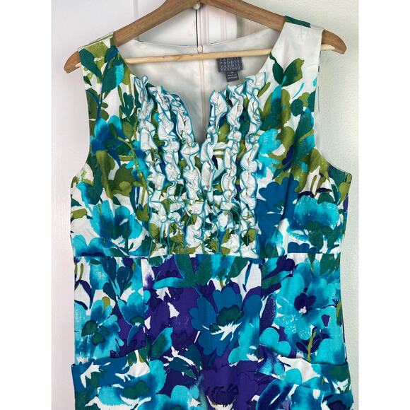 Rabbit Rabbit Rabbit Designs Women's 16 White Blue Floral Ruffle Sheath Dress - Picture 2 of 8